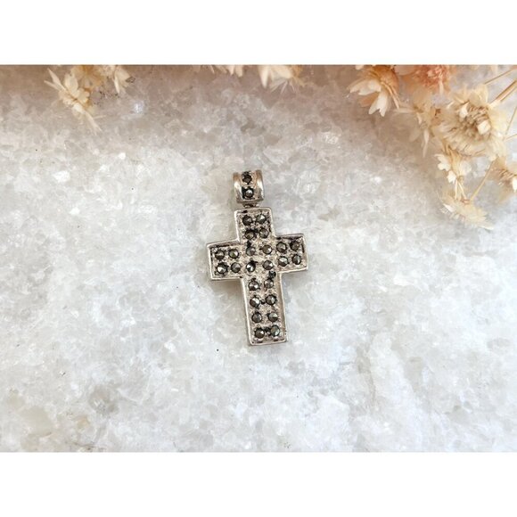 Cross Shaped Marcasite Accented Geometric Sterling Silver 925 Vintage Pendant - Picture 2 of 9